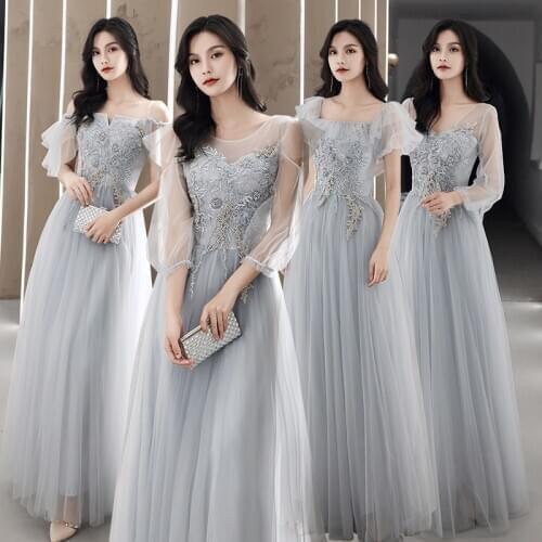 Luxury Gray Bridesmaids Dresses Illusion O-Neck Beading Embroidery Lace Tulle A-Line Floor-Length Women Wedding Party Gown E107