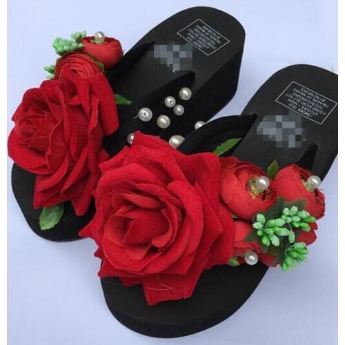 Red roses flip-flops female thick soles slippers antiskid beach resort cool slippers shoes wedges flowers