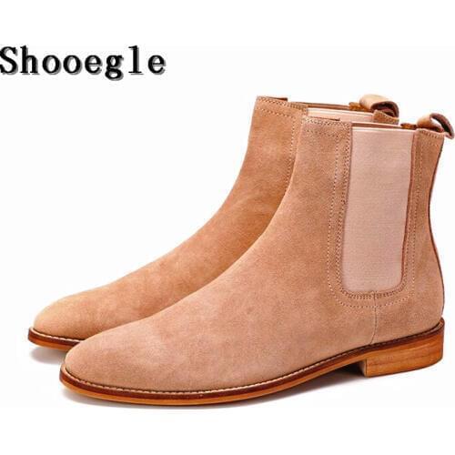 SHOOEGLE Mens Chelsea Boots Anti-Skid Ankle Botas Fashion Suede Motorcycle Boots Slip-on Classic Men Shoes Chaussure Homme