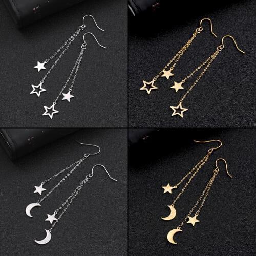 Teamer Star Moon Long Drop Earrings for Women Fine Stainless Steel Statement Earrings Ear Hook Trendy Korean Jewelry Gifts