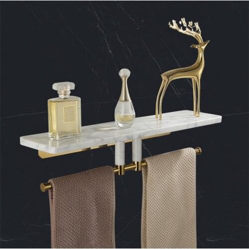 Tuqiu Bathroom Shelf with Towel Holder Bath Shower Shelf Towel Hanger Gold Marble Bath Shampoo Holder Rack Basket Holder