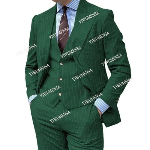 YIWUMENSA Spring Green Striped Smoking Business Formal Tailor-Made Suits 3 Pieces Set Male Fashion Mens Blazer Masculino Dress