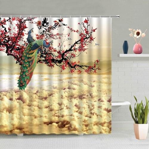 Animal Peacocks Birds Shower Curtain Plum Blossom Pine Plant Pattern Bathroom Decoration Bath Screen Washable With Hooks Suit