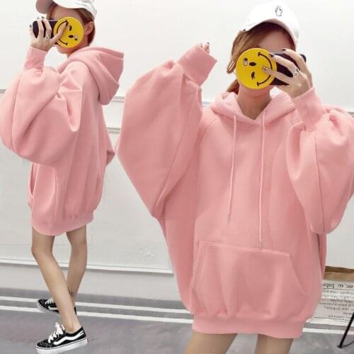 Women Oversized Sweatshirt Long Puff Sleeve Hoodies For Ladies White Pink Black Spring Autumn Pullovers Sweatshirts Female