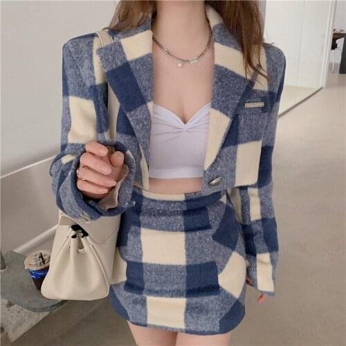 Sweet Woollen Plaid Short Blazer Suit 2021 Summer Women Single Button Blue and White Plaid Casual Office Blazer Student Clothing