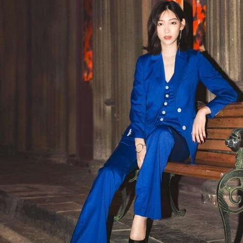 Women Casual Fashion Royal Blue 3 Pieces Set Spring Autumn Blazer Coat + Vest + Flare Long Pants Sets for Office Lady Work Y220