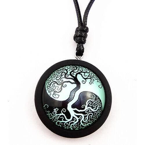 1pc Ancient Trees;Old Tree Wood Necklace with Tree of life 25MM Glass Cabochon with Black Wooden Pendant Women Necklace