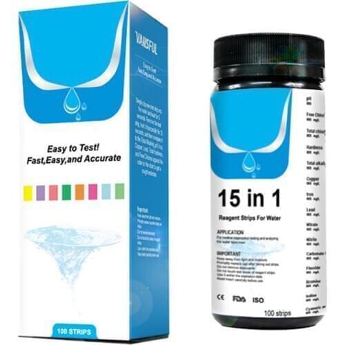 100PCS 15 In 1 Water Quality Test Strips Drinking Water Swimming Pool Water Test Papers Fish Tank PH Level Total Alkalinity Test