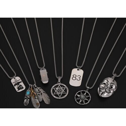 2020 Trendy Silver Colour Long Titanium Steel Necklace for Men HipHop Tag Pendant Necklace Six-pointed Star Mask Fashion Jewelry