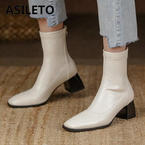 ASILETO 2021 New Designer Brand Ankle Boots for Women Stretchy Sock Bootie Zip Round Toe Square Low Heel Black White 43 S2426