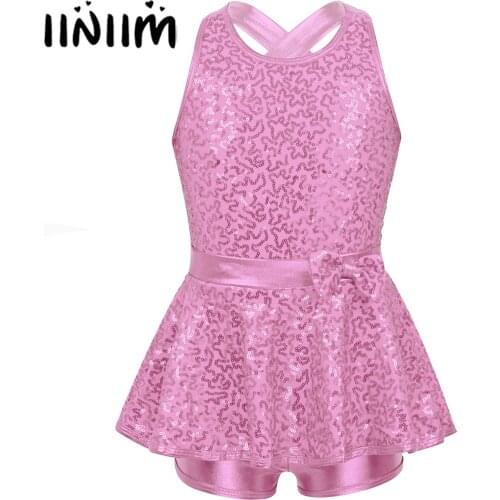 Iiniim Teen Girls Jazz Dancewear Costumes Sequined Criss Cross Back Modern Kids Dance Dress Gymnastics Leotard Lyrical Dresses