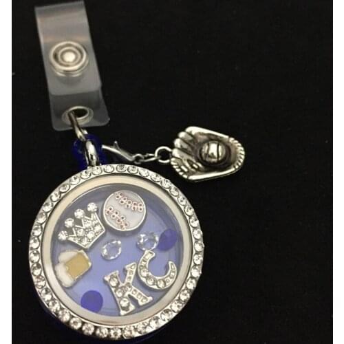 Baseball Badge Reel Floating Locket (KC Crown Floating Charms Love Plate Crystals) ID Badge Reel DIY Jewelry For Baseball Fan
