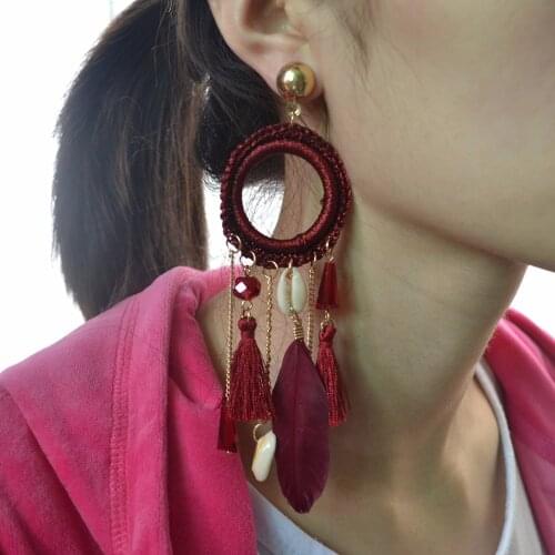 Bohemian Hollow Round Shape Leaf Feather Earrings For Women Indian Jewelry Colorful Natural Stone Drop Dangle Earrings Jewelry