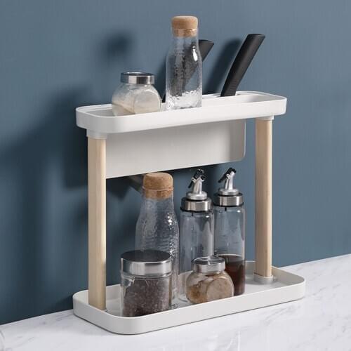 Double-layer Countertop Shelf Floor-standing Multifunctional Knife Seasoning Bottle Storage Rack Spice Jar Organizer for Kitchen