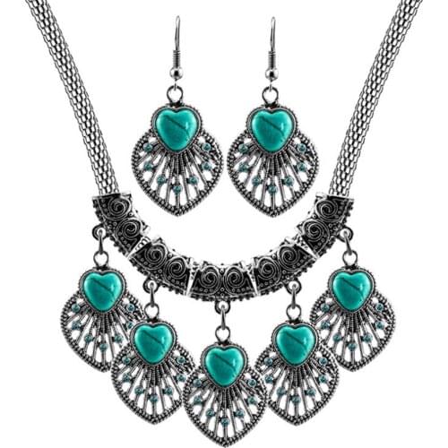 FYSL Silver Plated Love Heart Green Turquoises Stone Pendant Necklace Drop Earrings Romantic Style Jewelry Set