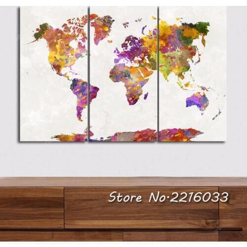 Triptych Canvas Prints Abstract World Map Painting Picture Modern Home Decoration Watercolor Art For Living Room Office Decor