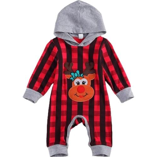 Christmas Toddler Baby Boy Girl Hooded Romper Autumn Winter Infant Long Sleeve Reindeer Print Jumpsuits Xmas Party Clothes 0-24M