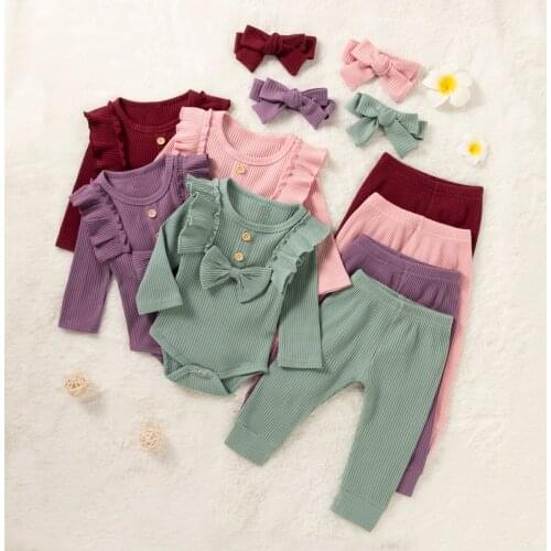 0-24M Newborn Baby Girls Clothes Set Solid Color Ruffled Long Sleeve Romper + Long Pants + Headband 3Pcs Autumn Outfits