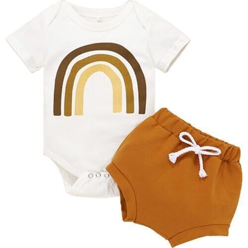 Newborn Baby Girls Rainbow Clothes Set Summer Toddler Outfits Short Sleeve Bodysuit Solid Color Shorts Sets Infant Clothing