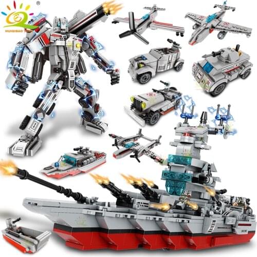 HUIQIBAO 1136pcs 8in1 Army Marine Warship Cruiser Building Blocks Military Ship Aircraft Bricks City Construction Children Toys