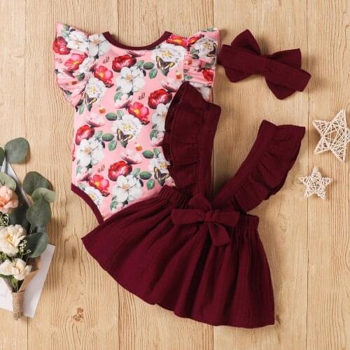 2021 Baby Girl’s Skirt Three Piece Suit Fashion Flower Fly Sleeve Romper and Solid Color Suspender Skirt with Headband