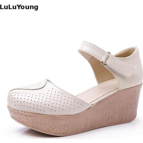 Summer Sandals Hollow Casual Womens High Heels Platform Shoes Wedges Genuine Leather Shoe