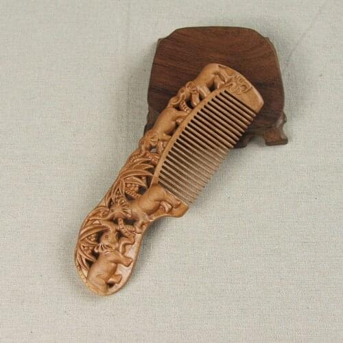Handmade Natural Peach Wooden Decorative Carved Pattern Hollow Out Handmade Wooden Gift Massage Hair Combs Portable