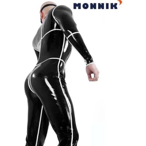 MONNIK latexBlack Latex Men Bodysuit with Socks White Strips Rubber Costumes Catsuit Club