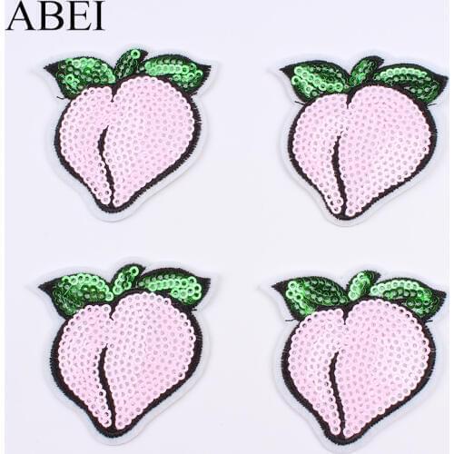 10pcs/lot Sequined Pink Peach Patch Iron On Cartoon Fruits Stickers DIY Sewing Garments Appliques Coat Jeans Bags Badge