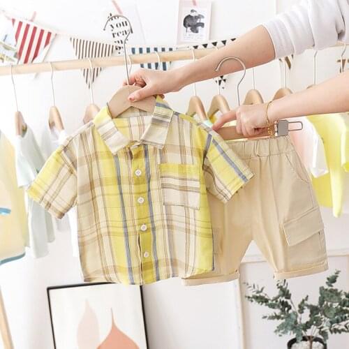 New 100% Cotton Baby Boys Clothes Plaid Childrens Clothing Shirt+Shorts Kids Clothing Sets Square Collar Family Clothing Sets