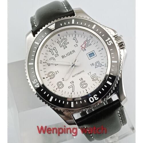 New arrive 44mm BLIGER Automatic mens watch white dial luminous ceramic bezel polished SS case wrist watch men E2596