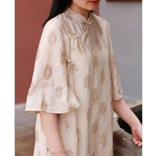 New style womens Tencel jacquard Chinese stand collar button dress Republic of China style Qipao 21317