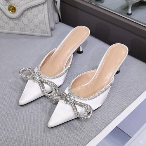 Pointed High Heel Shoes 2021 Summer New Bow Rhinestone Sandals Closed-Toe Slippers Mid Heel