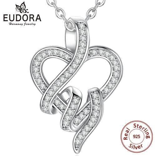 EUDORA Genuine 925 Sterling Silver Brave Heart Pendant Necklace Women Fine Jewelry Luck CZ Charm Christmas Birthday Gift 293
