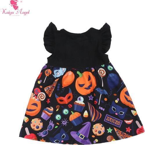 Kaiya Angel Hot Sale Kids Dresses For Girls Baby Clothing Ruffle Sleeve With Wooden Button Halloween Factory Wholesale