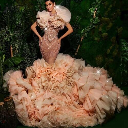 Luxury Crystal Mermaid Evening Dresses Puff Ruffles Tiered Bottom Lace Long Evening Gowns Long Party Dress