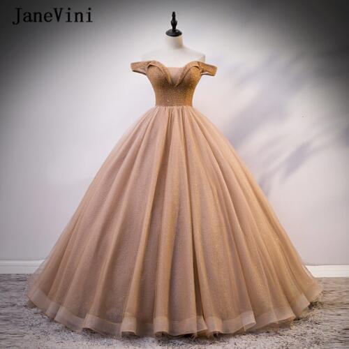 JaneVini Luxury Beading Coffee Gold Long Quinceanera Dresses Off Shoulder Princess Plus Size Sweet 16 Ball Gown Puffy Prom Gowns