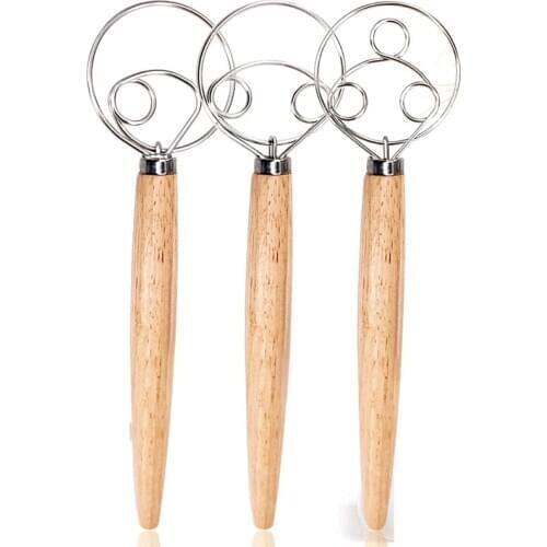 3PCS Danish Dough Whisks, Mixing Whisk Tools for Kitchen Baking Wooden Handle Manual Dough Mixer