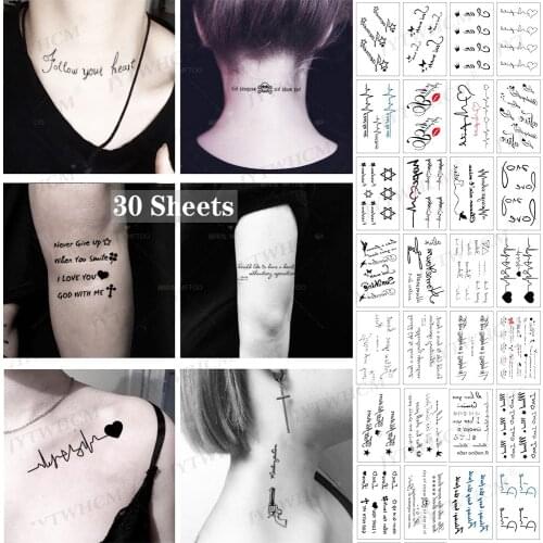30 Sheets Waterproof Temporary Tattoo English Letter Words Small Girl Sexy Beautiful Artificial Flash Fake Tatto Men and Women