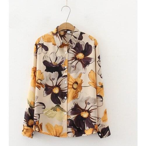 New Fashion Ladies Vintage Elegant Floral Print Shirt Long Sleeve Loose Lapel Button Chiffon Blouse Casual Tops Feminina Blusas