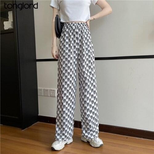 Elastic Waist Pockets Female Casual Pants 2021 New Summer Loose Women Wide Leg Trousers Split Printed Long Pants Femme