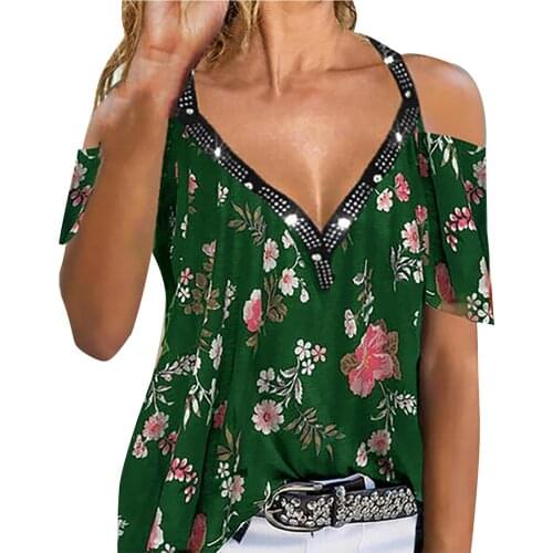 Womens Tops And Blouses Summer Fashion Womens Loose Type Strapless Print V-neck Short-sleeved Blouse Blusas Mujer De Moda 2021