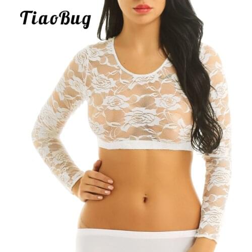 Women Pole Danc Top Sexy See Through Sheer Lace Long Sleeve Tank Top Blouse T-shirt Night Club Dance Clothes