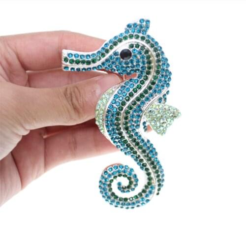 9.5*5cm Silver-Tone Lovely Green Crystal Rhinestone Sea Horse Brooch Pin Pendant ,Rhinestone Crystal Brooch for Wedding Bouquet
