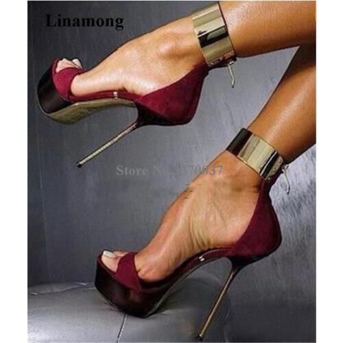 Ladies Fashion Suede Leather High Platform Ankle Wrap Gold Metal Strap Sandals Stiletto Heel High Heel Sandals Formal Dress Shoe