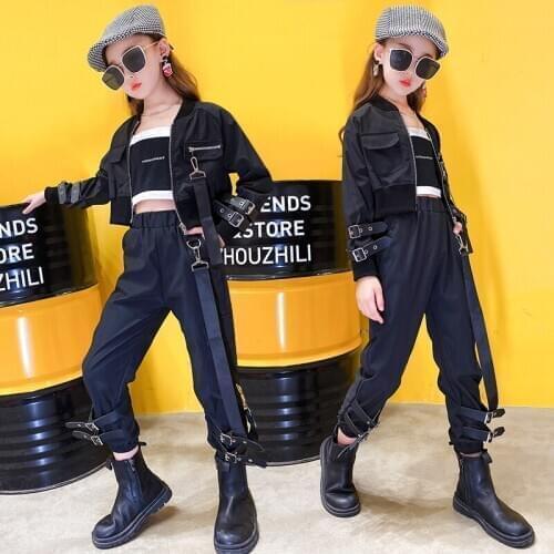 Hip hop Teens Girls Children clothes Fashion Girls Suit Black Ribbon belt buckle 2pcs Sets Short Jacket Cargo Pants Kids Outfits