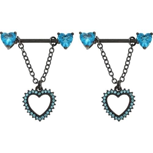JHJT 2PCS Heart Chain Dangle Nipple Barbell 14G 316L Stainless Steel Black Bar Nipple Shied Rings Body Piercing Jewelry