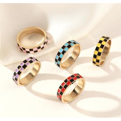 Goth Rainbow Color Checkered Rings for Women Metal Retro Punk Hip Hop Vintage INS Rings Charms Jewelry 90s Aesthetic Gifts