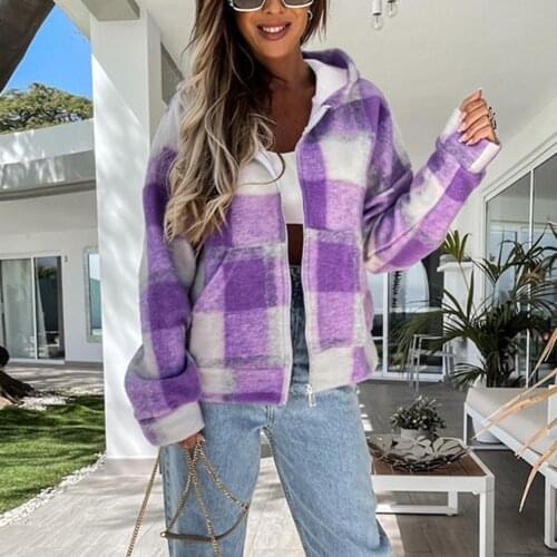 Hooded Coat Spring Autumn Women Coats Casual Loose Vingage Long Sleeve Hoodie Turn-down Collar Zipper Outerwear Plaid Jackets