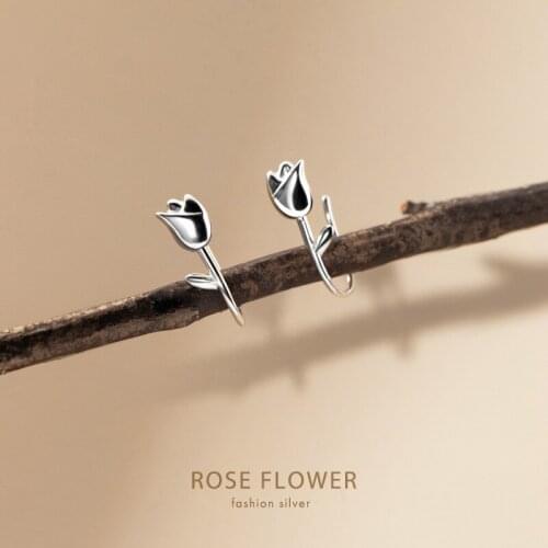 Small REAL. 925 Sterling Silver Jewelry Rose Flower ear Cuff Climber Stud Earrings C-G9459